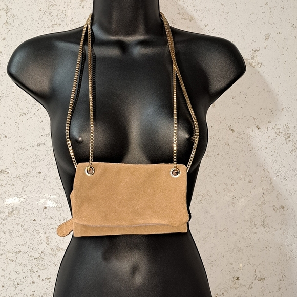 #029 Free People  Elegant Tan Chain-Strap Clutch/Crossbody Women's Bag - Picture 12 of 16